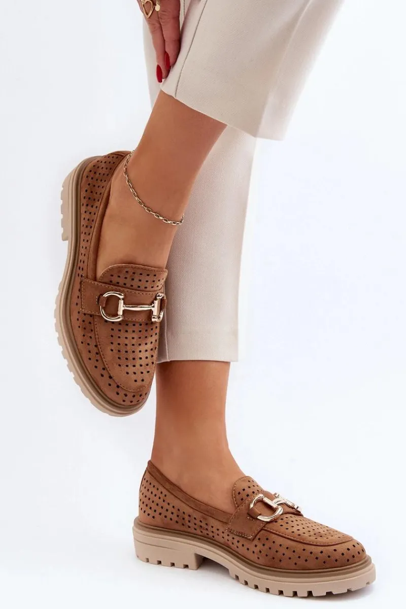 Sale Boto Mokasyny Damskie Ażurowe Z Ozdobą Camel Talesse Brązowy