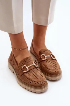 Sale Boto Mokasyny Damskie Ażurowe Z Ozdobą Camel Talesse Brązowy