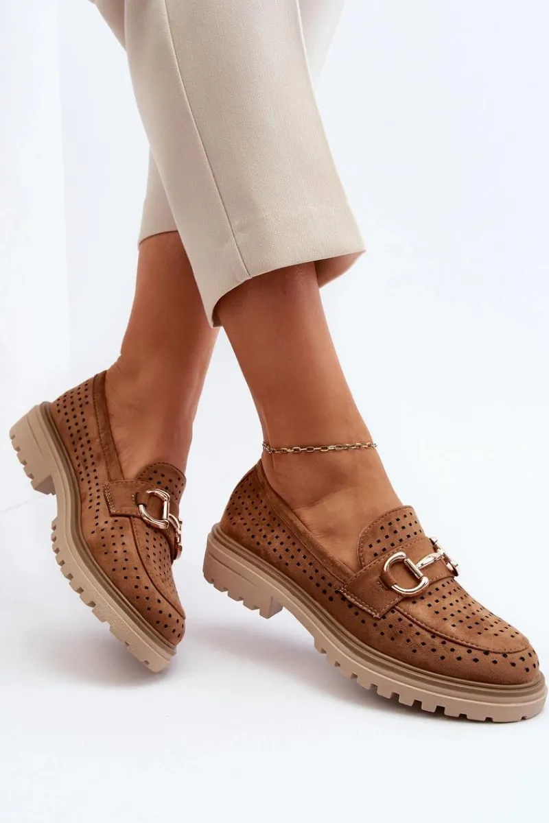 Sale Boto Mokasyny Damskie Ażurowe Z Ozdobą Camel Talesse Brązowy