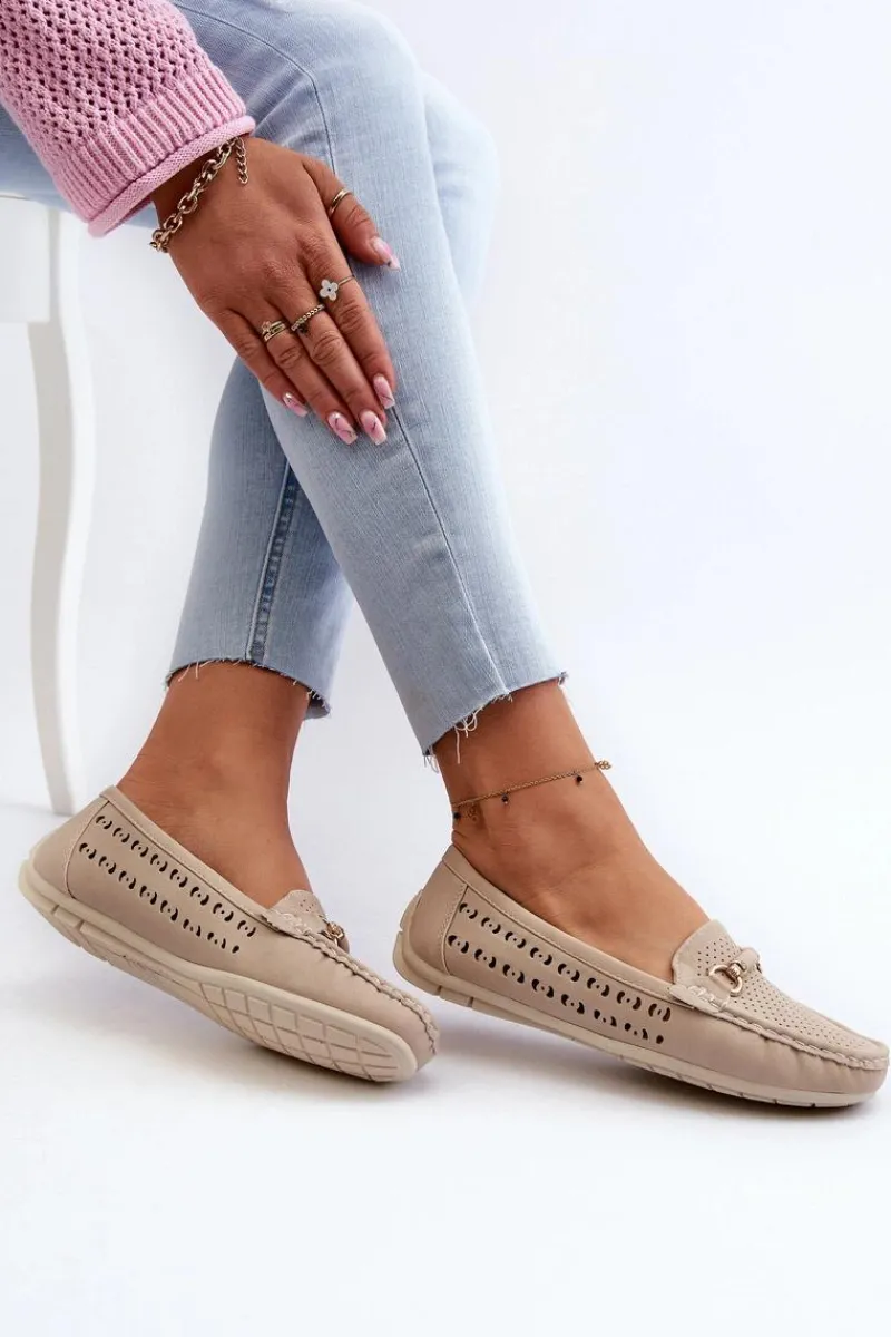 Sale Boto Mokasyny Damskie Ażurowe Z Ozdobą Beżowe Kaydance Beżowy