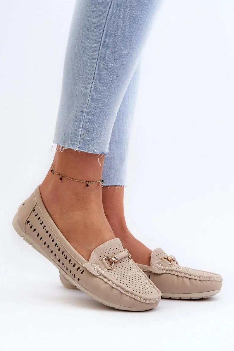 Sale Boto Mokasyny Damskie Ażurowe Z Ozdobą Beżowe Kaydance Beżowy