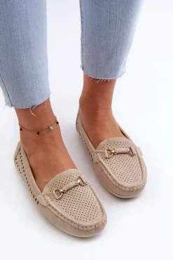 Sale Boto Mokasyny Damskie Ażurowe Z Ozdobą Beżowe Kaydance Beżowy