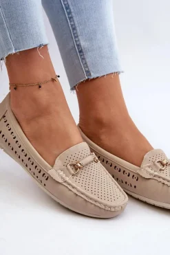 Sale Boto Mokasyny Damskie Ażurowe Z Ozdobą Beżowe Kaydance Beżowy