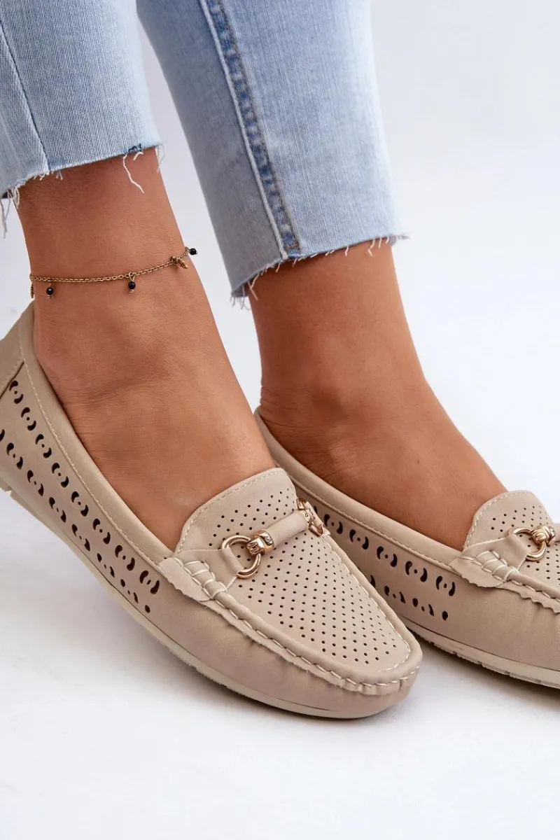 Sale Boto Mokasyny Damskie Ażurowe Z Ozdobą Beżowe Kaydance Beżowy