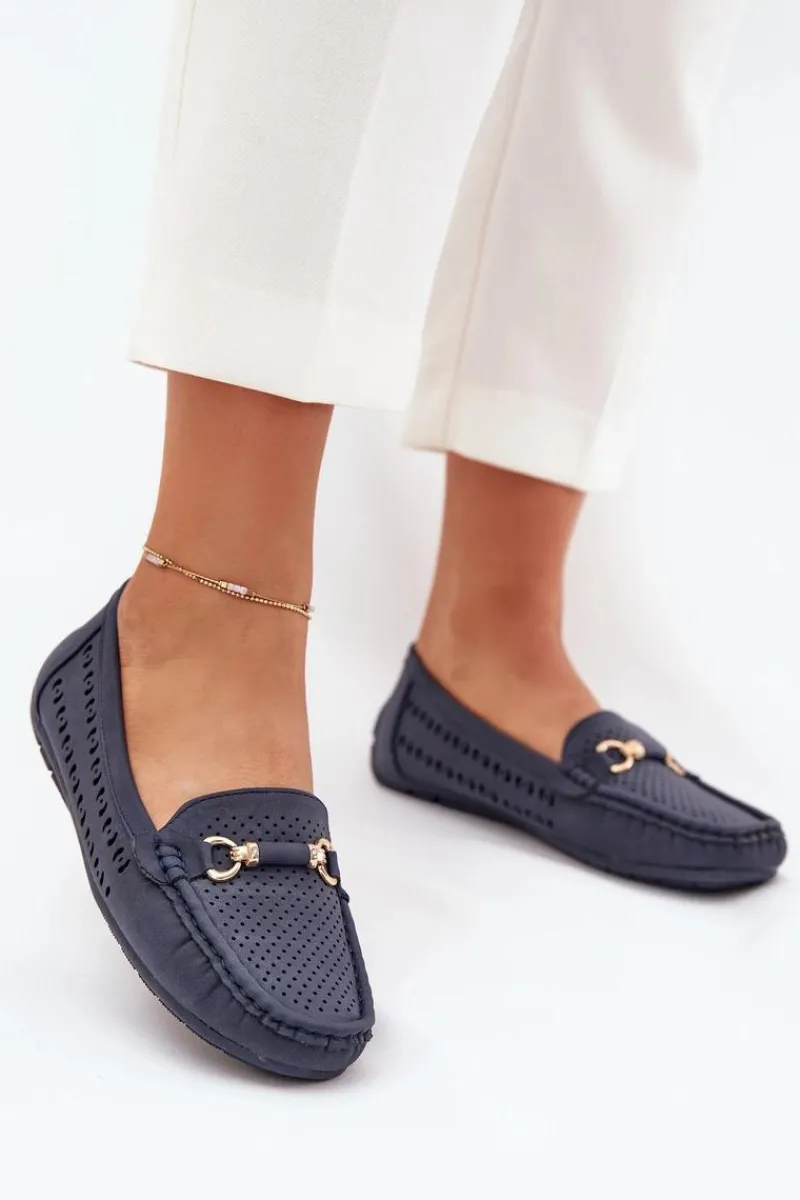 Hot Boto Mokasyny Damskie Ażurowe Z Ozdobą Granatowe Kaydance Niebieski