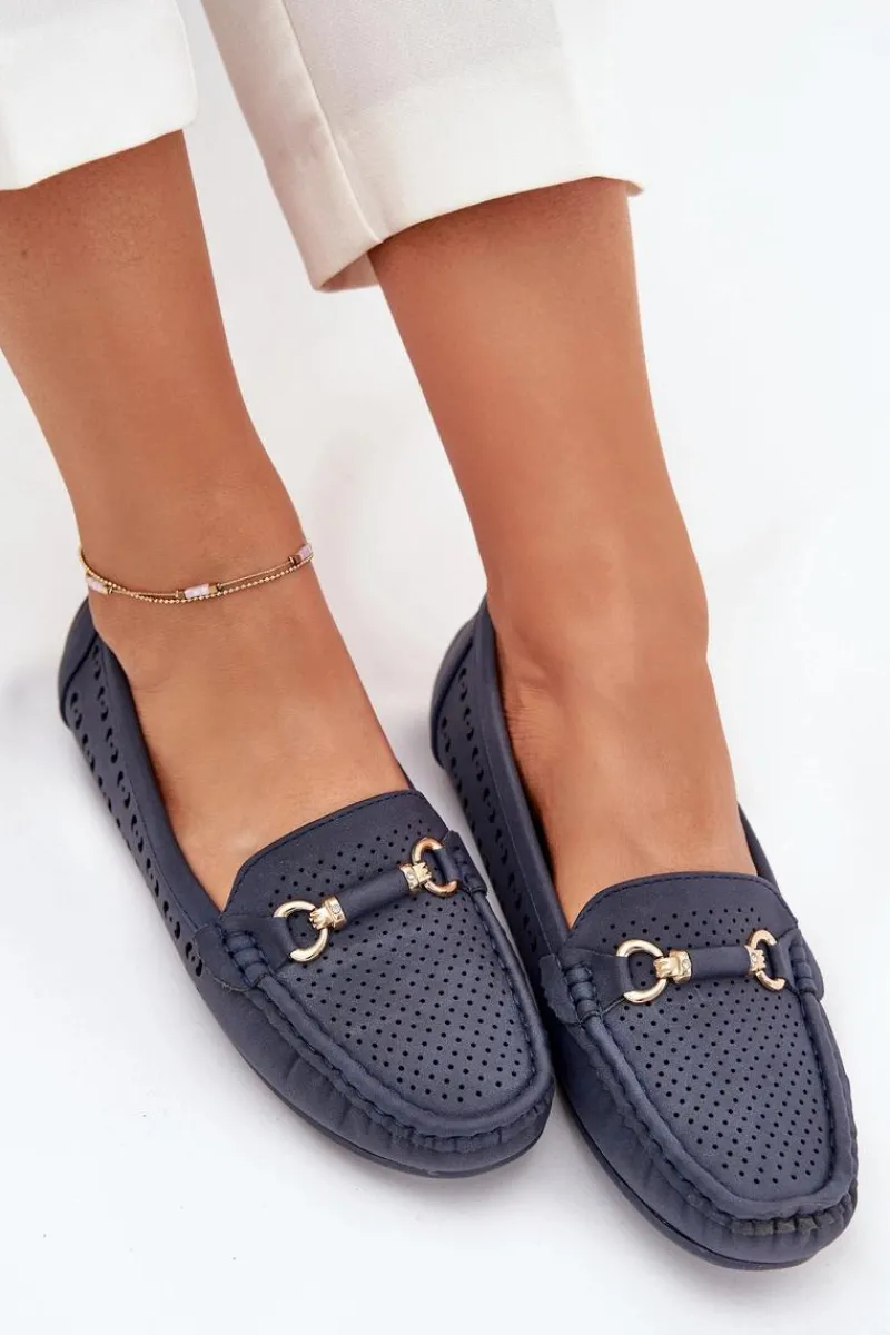 Hot Boto Mokasyny Damskie Ażurowe Z Ozdobą Granatowe Kaydance Niebieski
