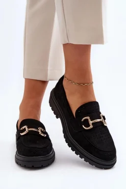 Loafersy Damskie|Mokasyny Płaskie>Boto Mokasyny Damskie Ażurowe Z Ozdobą Czarne Talesse Czarny