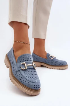 Hot Boto Mokasyny Damskie Ażurowe Z Ozdobą Niebieskie Talesse