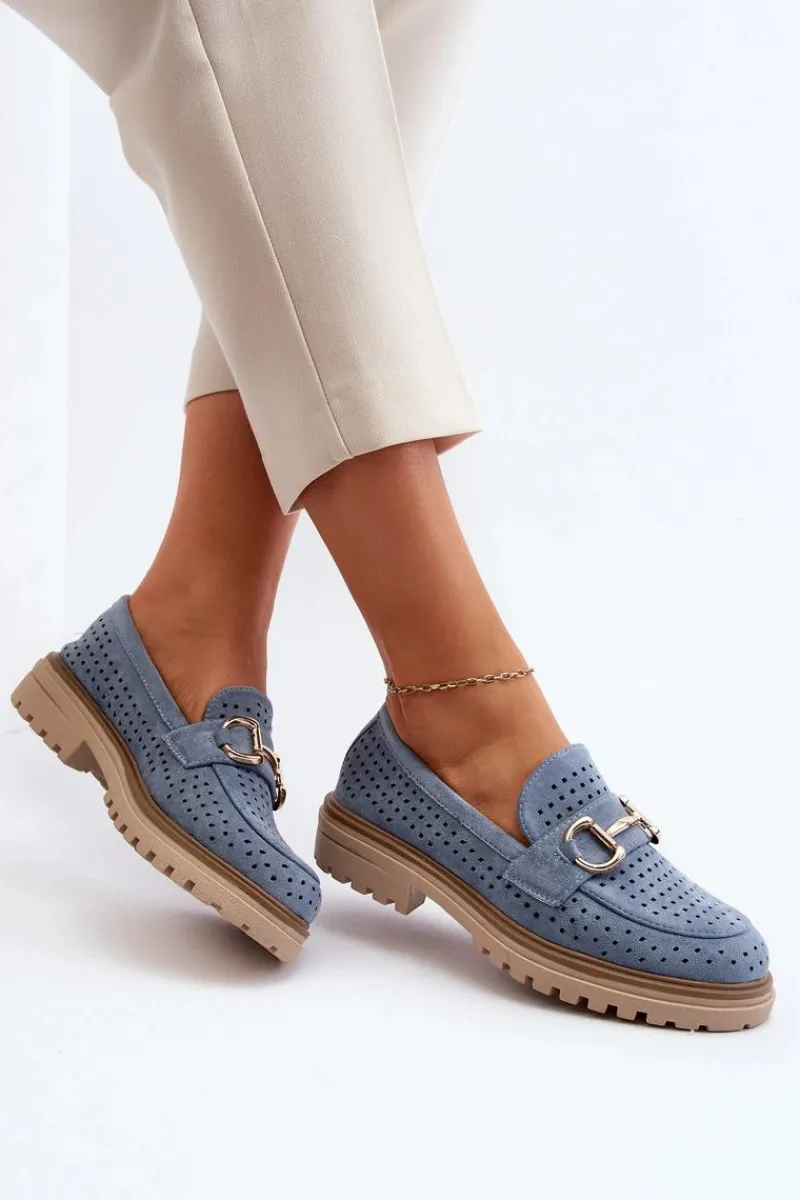 Hot Boto Mokasyny Damskie Ażurowe Z Ozdobą Niebieskie Talesse