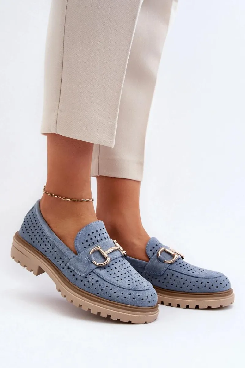 Hot Boto Mokasyny Damskie Ażurowe Z Ozdobą Niebieskie Talesse