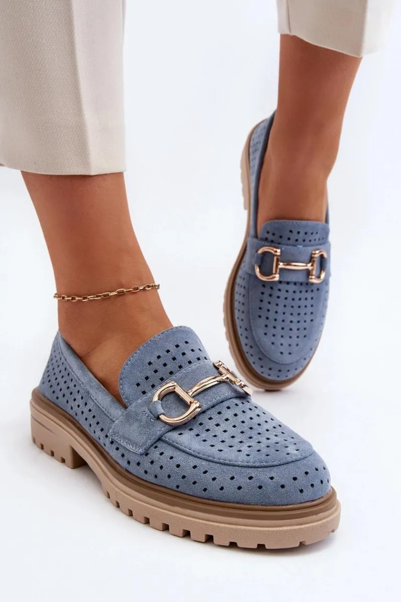 Hot Boto Mokasyny Damskie Ażurowe Z Ozdobą Niebieskie Talesse