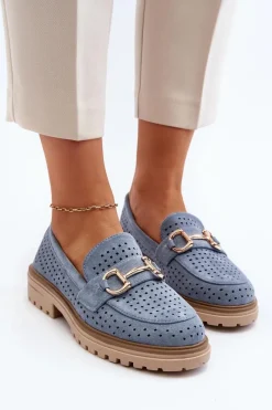 Hot Boto Mokasyny Damskie Ażurowe Z Ozdobą Niebieskie Talesse