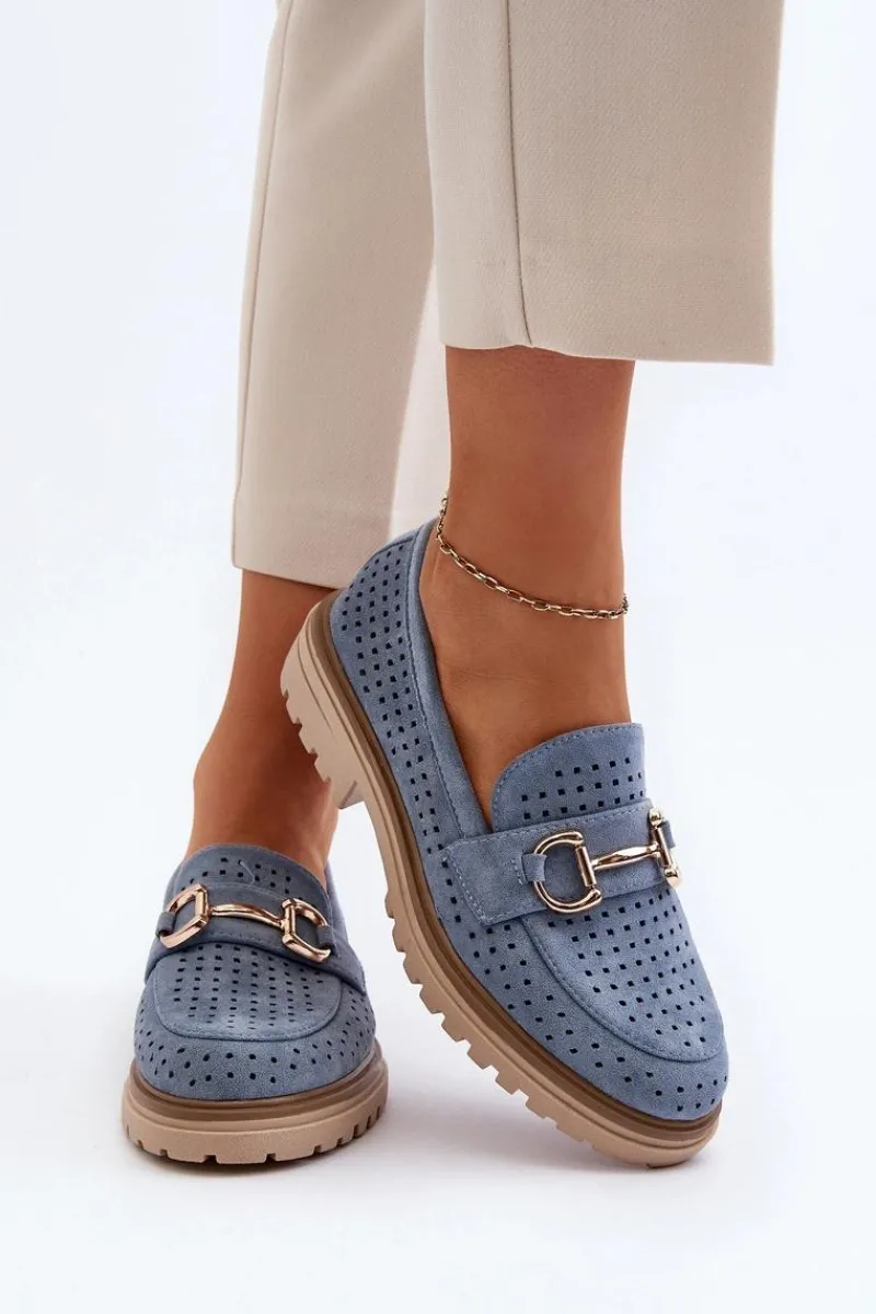 Hot Boto Mokasyny Damskie Ażurowe Z Ozdobą Niebieskie Talesse