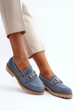 Hot Boto Mokasyny Damskie Ażurowe Z Ozdobą Niebieskie Talesse