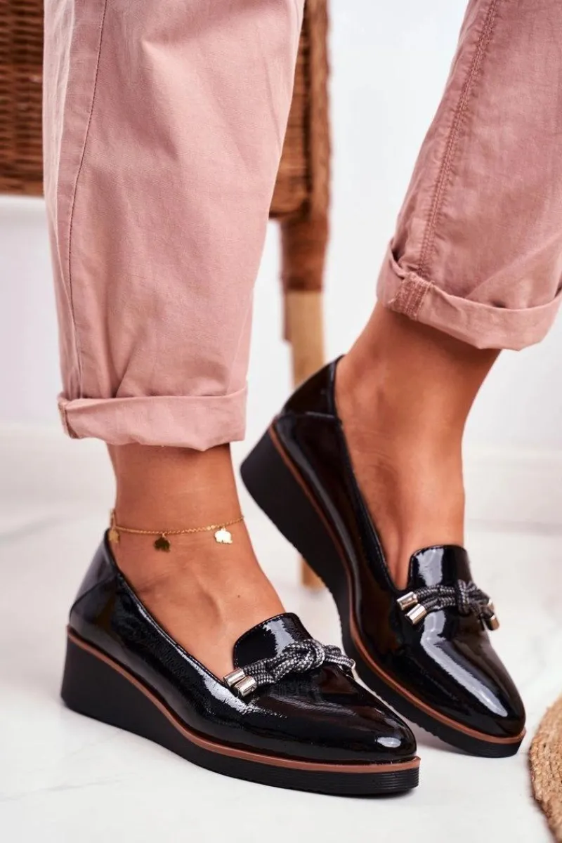 Sale Mokasyny Damskie Czarne Lakierowane Na Koturnie Abba Damskie Mokasyny Damskie Lakierowane