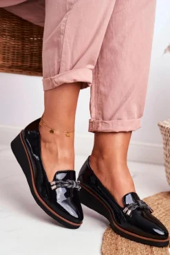 Sale Mokasyny Damskie Czarne Lakierowane Na Koturnie Abba Damskie Mokasyny Damskie Lakierowane