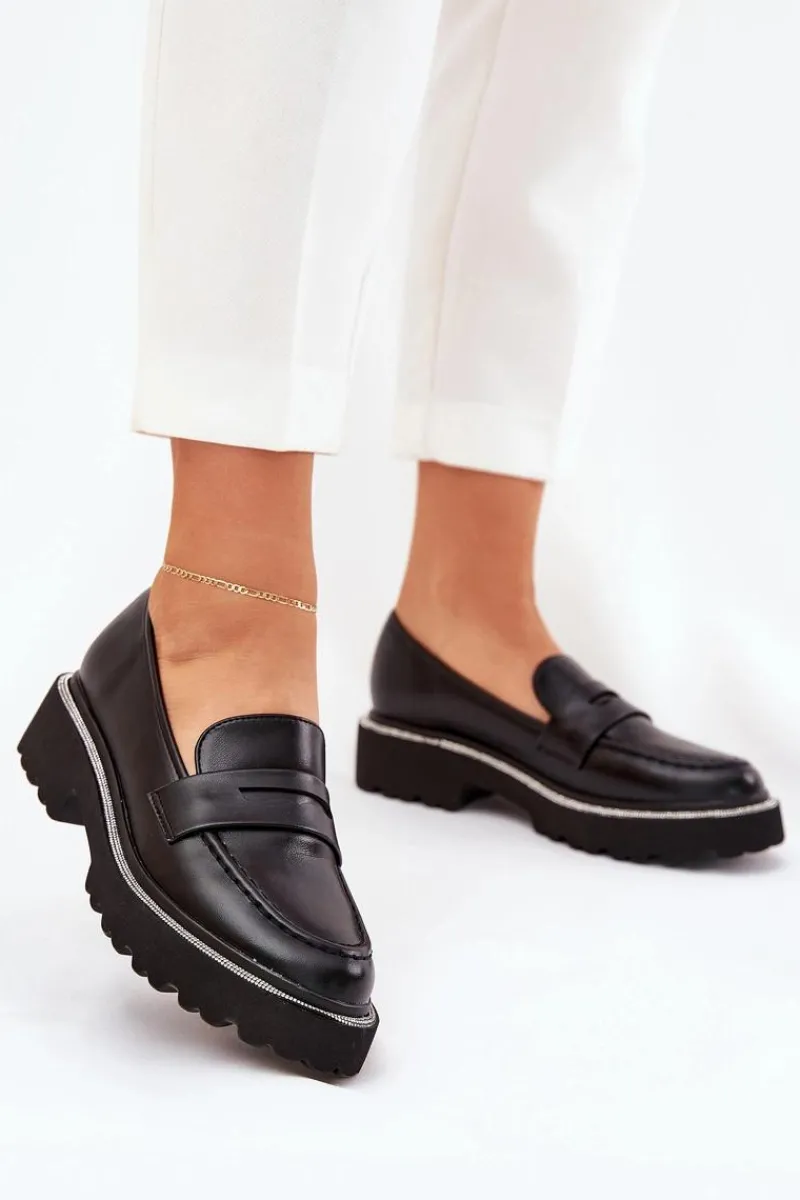 Clearance Mokasyny Damskie Eko Skórzane Z Cyrkoniami Czarne Wilamla Damskie Mokasyny Płaskie|Mokasyny Damskie Skórzane