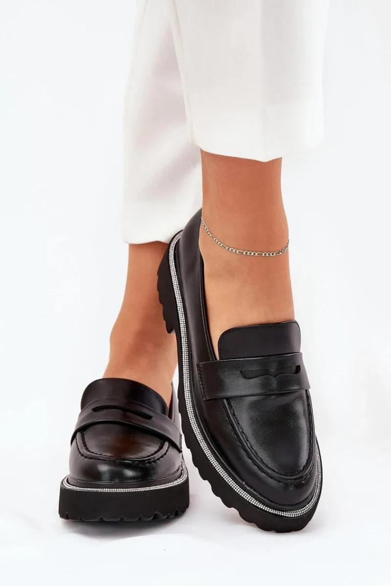 Clearance Mokasyny Damskie Eko Skórzane Z Cyrkoniami Czarne Wilamla Damskie Mokasyny Płaskie|Mokasyny Damskie Skórzane