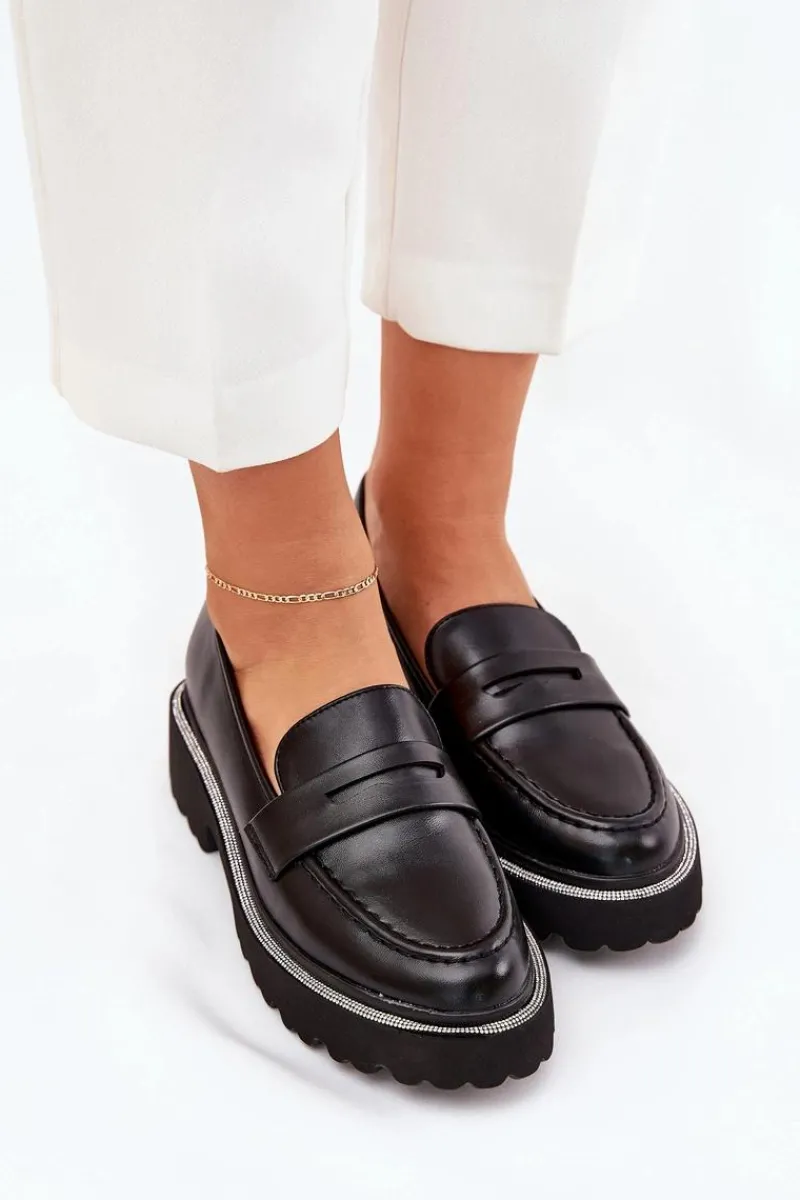 Clearance Mokasyny Damskie Eko Skórzane Z Cyrkoniami Czarne Wilamla Damskie Mokasyny Płaskie|Mokasyny Damskie Skórzane