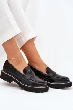 Clearance Mokasyny Damskie Eko Skórzane Z Cyrkoniami Czarne Wilamla Damskie Mokasyny Płaskie|Mokasyny Damskie Skórzane