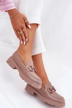 Online Mokasyny Damskie Eko Skórzane Z Ozdobnym Detalem Khaki Seftass Damskie Loafersy Damskie|Mokasyny Płaskie