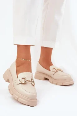 New Boto Mokasyny Damskie Eko Skórzane Ze Złotym Detalem Beżowe Ravalissea