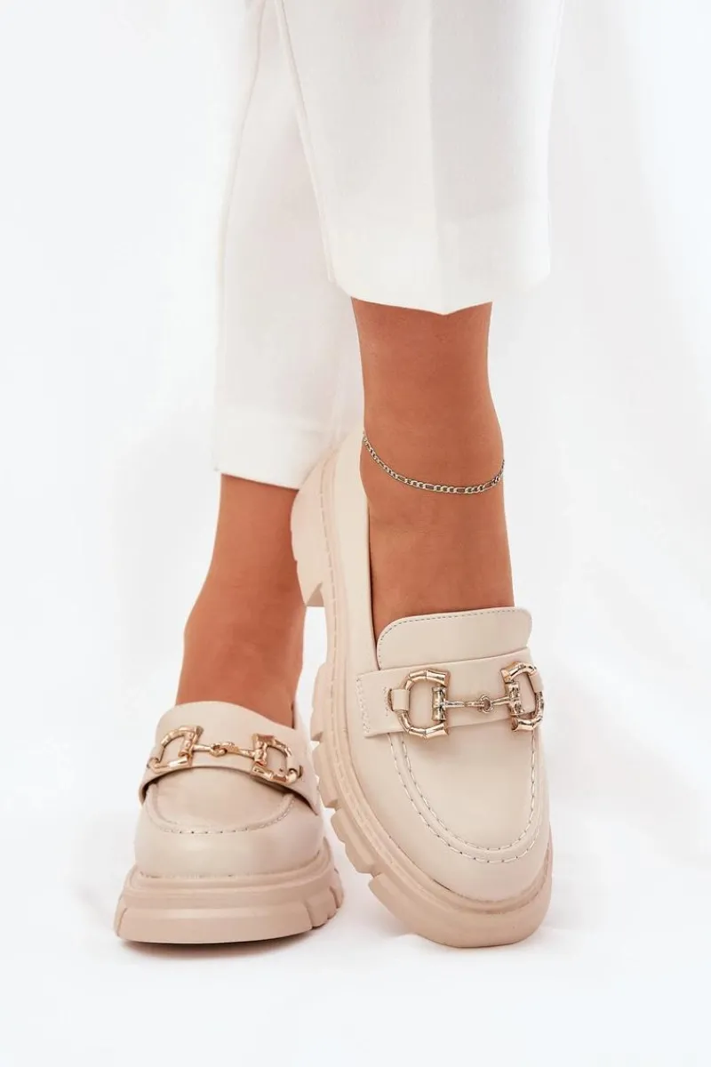 New Boto Mokasyny Damskie Eko Skórzane Ze Złotym Detalem Beżowe Ravalissea