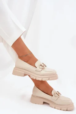 New Boto Mokasyny Damskie Eko Skórzane Ze Złotym Detalem Beżowe Ravalissea