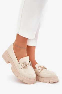 New Boto Mokasyny Damskie Eko Skórzane Ze Złotym Detalem Beżowe Ravalissea