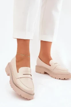 Mokasyny Płaskie|Mokasyny Damskie Skórzane>Boto Mokasyny Damskie Eko Skórzane Z Cyrkoniami Beżowe Wilamla Beżowy