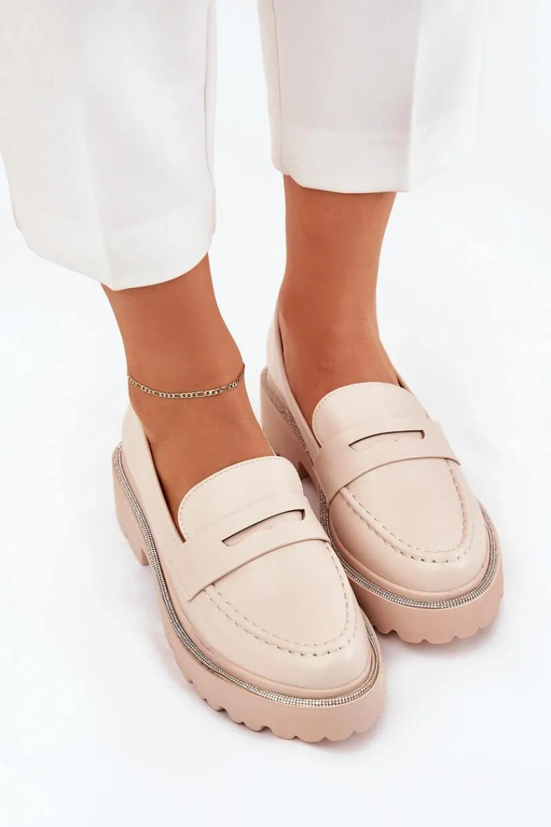 Mokasyny Płaskie|Mokasyny Damskie Skórzane>Boto Mokasyny Damskie Eko Skórzane Z Cyrkoniami Beżowe Wilamla Beżowy