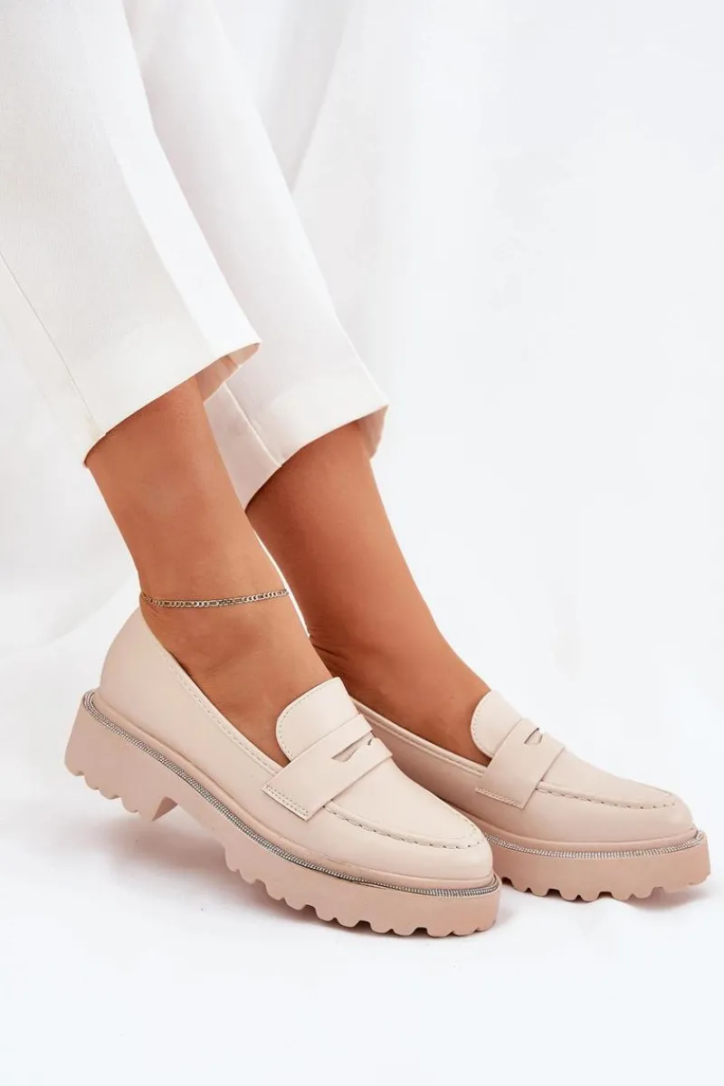 Mokasyny Płaskie|Mokasyny Damskie Skórzane>Boto Mokasyny Damskie Eko Skórzane Z Cyrkoniami Beżowe Wilamla Beżowy