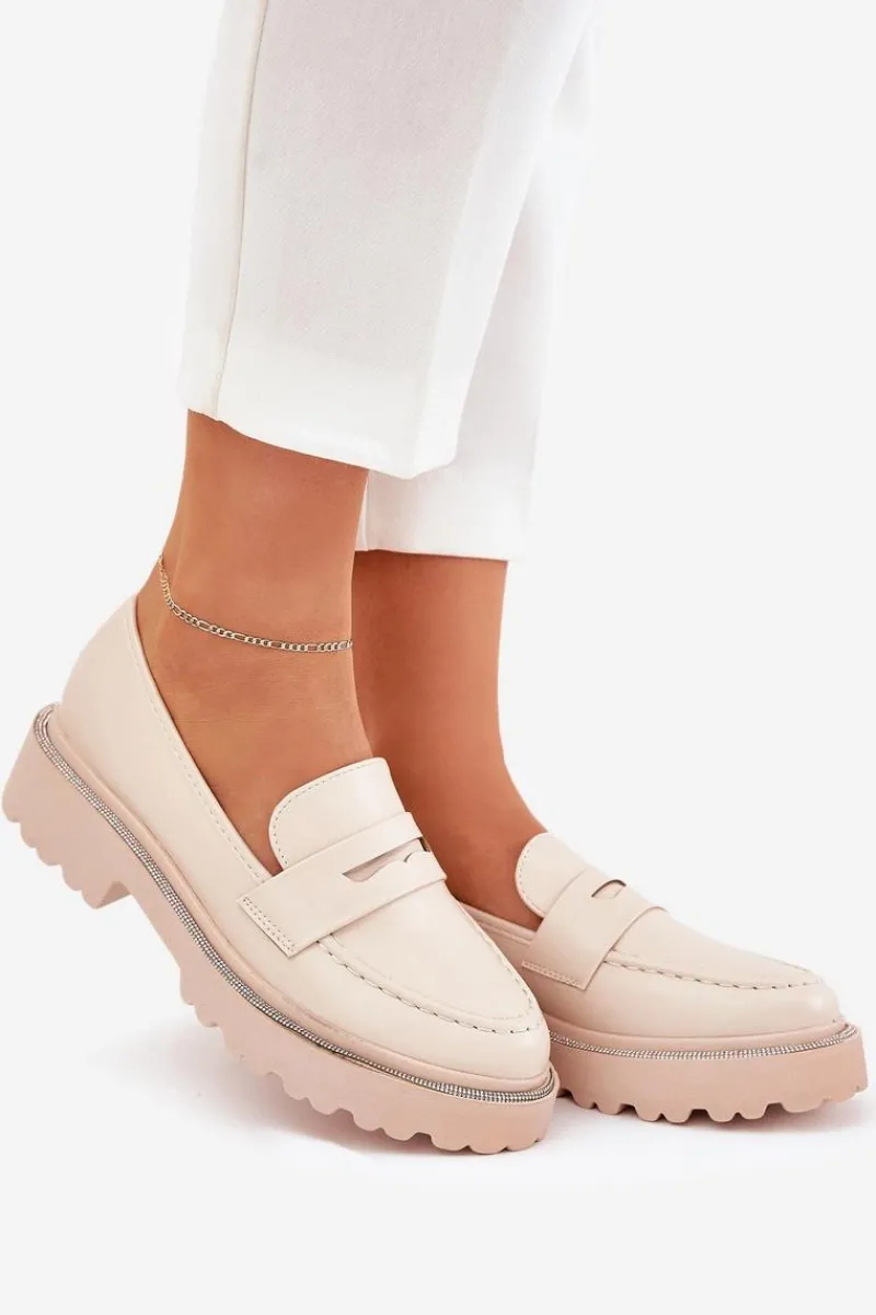 Mokasyny Płaskie|Mokasyny Damskie Skórzane>Boto Mokasyny Damskie Eko Skórzane Z Cyrkoniami Beżowe Wilamla Beżowy