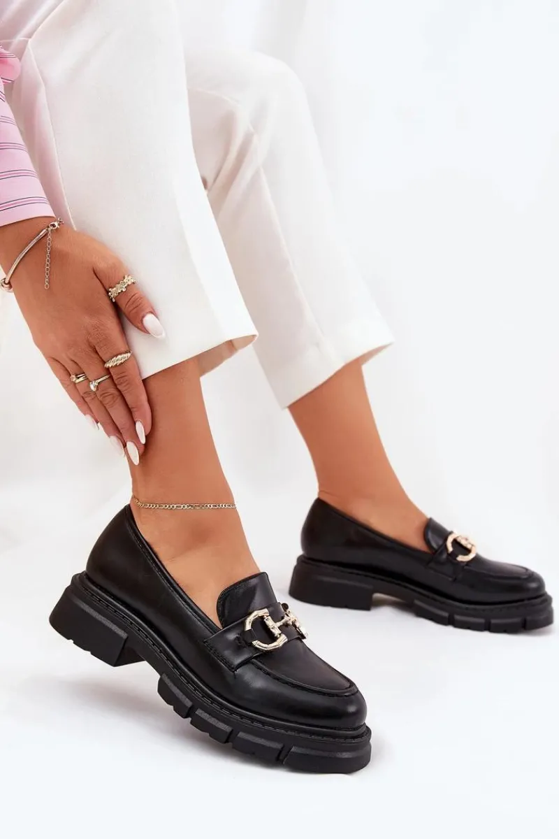 Mokasyny Płaskie|Mokasyny Damskie Skórzane>Boto Mokasyny Damskie Eko Skórzane Ze Złotym Detalem Czarne Ravalissea