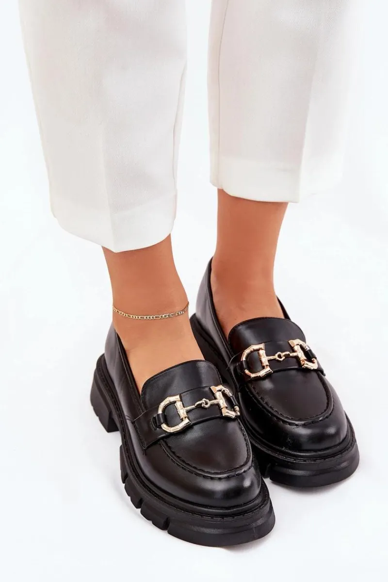 Mokasyny Płaskie|Mokasyny Damskie Skórzane>Boto Mokasyny Damskie Eko Skórzane Ze Złotym Detalem Czarne Ravalissea