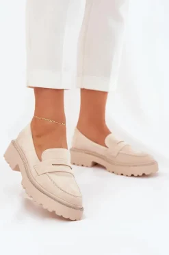 Mokasyny Płaskie|Mokasyny Damskie Skórzane>Boto Mokasyny Damskie Eko Zamszowe Z Cyrkoniami Beżowe Wilamla