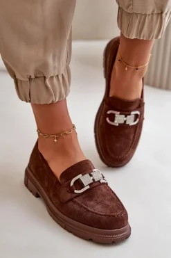 Hot Mokasyny Damskie Eko Zamszowe Z Ozdobą Brązowe Wistera Damskie Mokasyny Damskie Zamszowe
