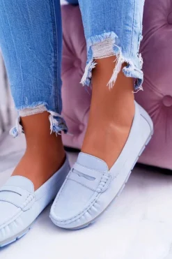 Discount Mokasyny Damskie Komfortowe Błękitne Devi Damskie Mokasyny Damskie Skórzane