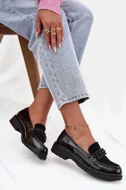 Clearance D&A Mokasyny Damskie Lakierowane Z Koralikami S.Barski HY52-541 Czarne Czarny