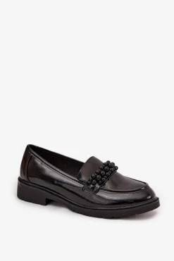 Best Mokasyny Damskie Lakierowane Z Koralikami S.Barski HY52-541 Czarne Damskie Mokasyny Płaskie|Mokasyny Damskie Lakierowane