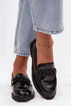 Best Mokasyny Damskie Lakierowane Z Koralikami S.Barski HY52-541 Czarne Damskie Mokasyny Płaskie|Mokasyny Damskie Lakierowane