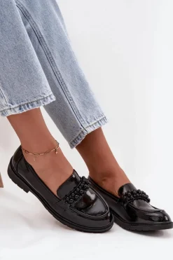 Best Mokasyny Damskie Lakierowane Z Koralikami S.Barski HY52-541 Czarne Damskie Mokasyny Płaskie|Mokasyny Damskie Lakierowane