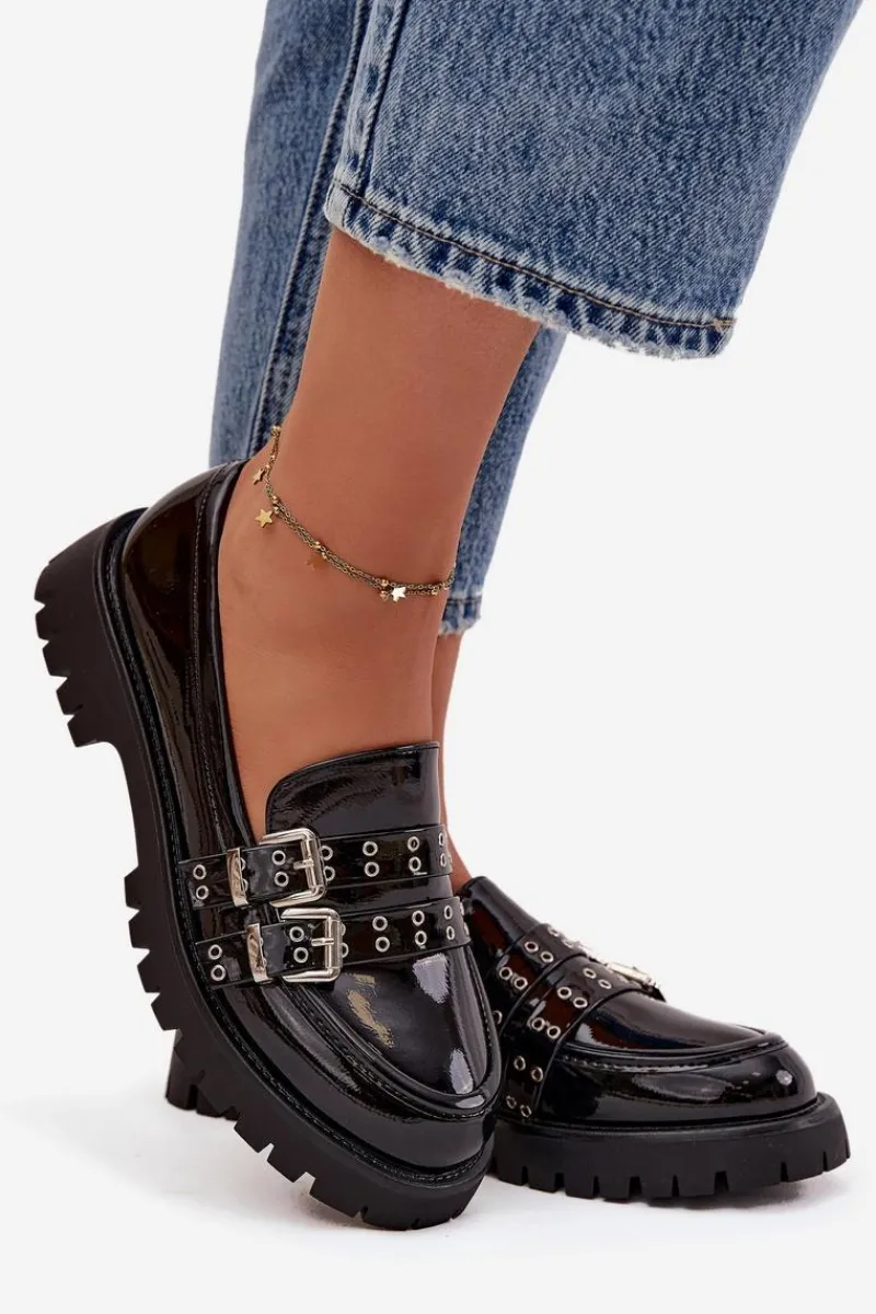 Online Boto Mokasyny Damskie Lakierowane Z Paskami I Srebrnymi Klamrami Czarne Gabrisse