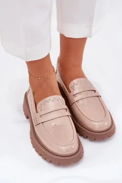 Online Mokasyny Damskie Lakierowane Ze Zdobieniem Beżowe Nallae Damskie Loafersy Damskie|Mokasyny Płaskie