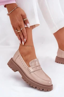 Online Mokasyny Damskie Lakierowane Ze Zdobieniem Beżowe Nallae Damskie Loafersy Damskie|Mokasyny Płaskie