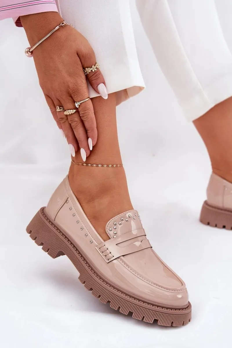 Online Mokasyny Damskie Lakierowane Ze Zdobieniem Beżowe Nallae Damskie Loafersy Damskie|Mokasyny Płaskie