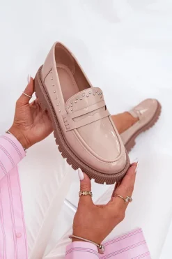 Online Mokasyny Damskie Lakierowane Ze Zdobieniem Beżowe Nallae Damskie Loafersy Damskie|Mokasyny Płaskie