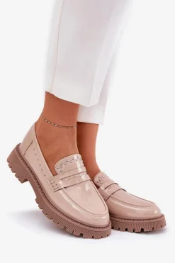 Online Mokasyny Damskie Lakierowane Ze Zdobieniem Beżowe Nallae Damskie Loafersy Damskie|Mokasyny Płaskie