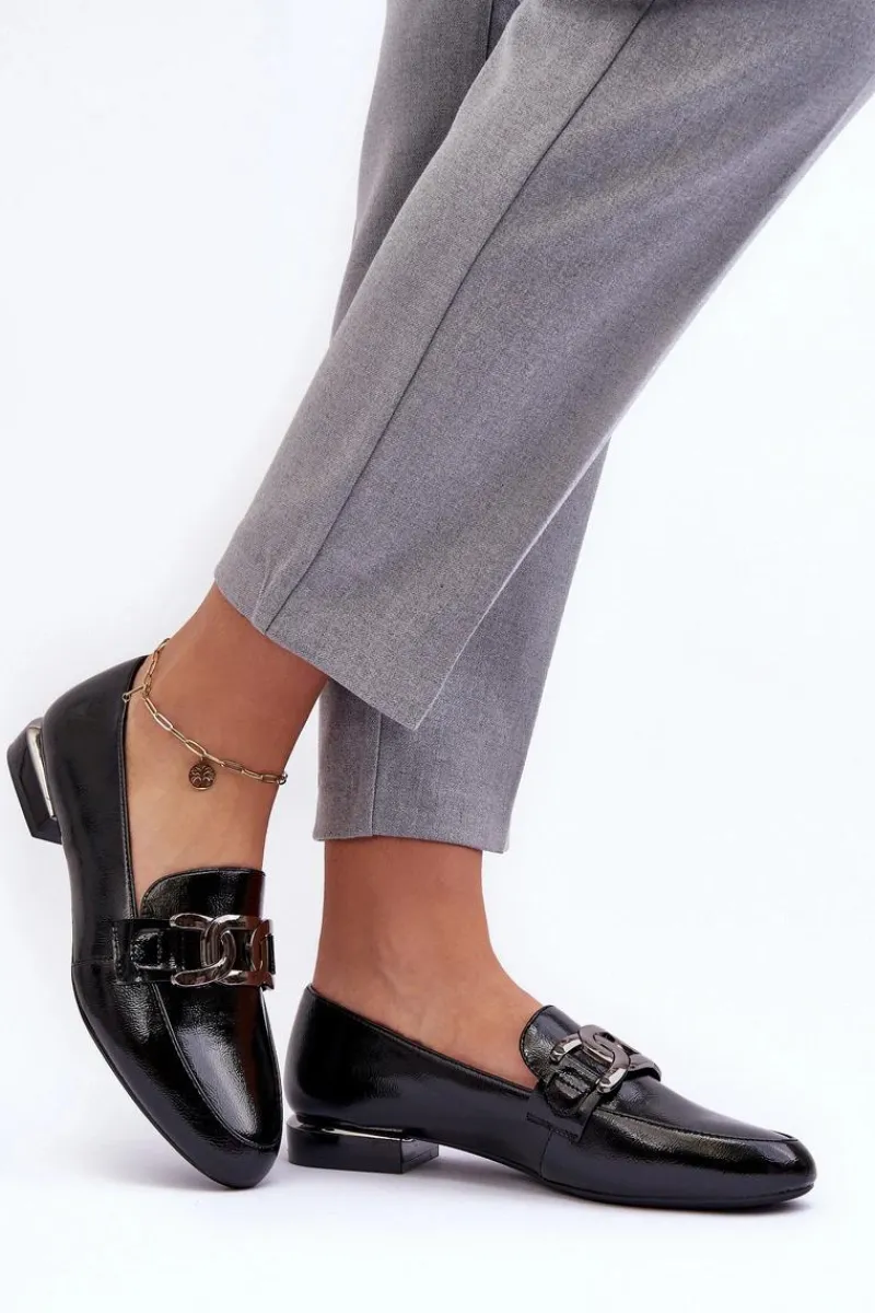 Buty Sergio Leone Mokasyny Damskie Lakierowane Z Ozdobą Czarne Camilena Czarny