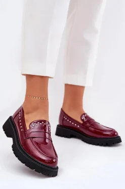 New Boto Mokasyny Damskie Lakierowane Ze Zdobieniem Bordowe Nallae Czerwony